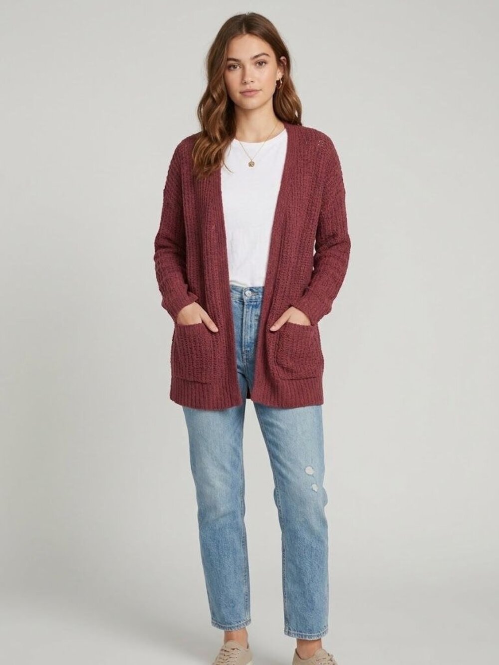 Moral Fiber Womens Burgundy Open-Front Cardigan Sweater Medium Pockets Polyester